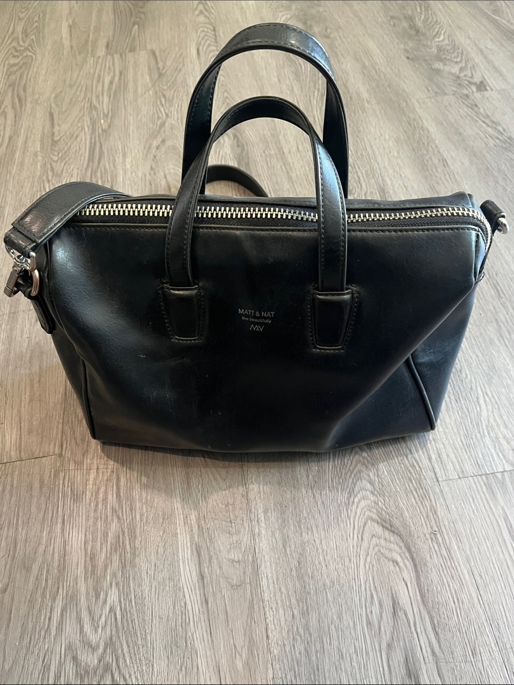 Matt & Nat Black Vegan Leather Tote with Top Handles and Zip